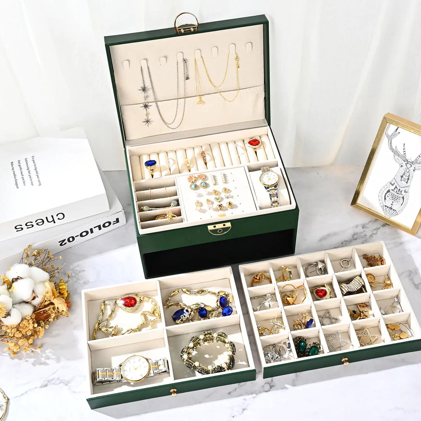 Luxury Diamond Pattern 3-Layer Jewelry Box with Lock