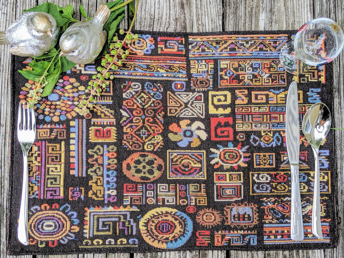 DaDa Bedding Set of 4-Pieces Ethnic Ornaments Geometric Black Tapestry Dining Placemats 13” x 19” (18118)-3