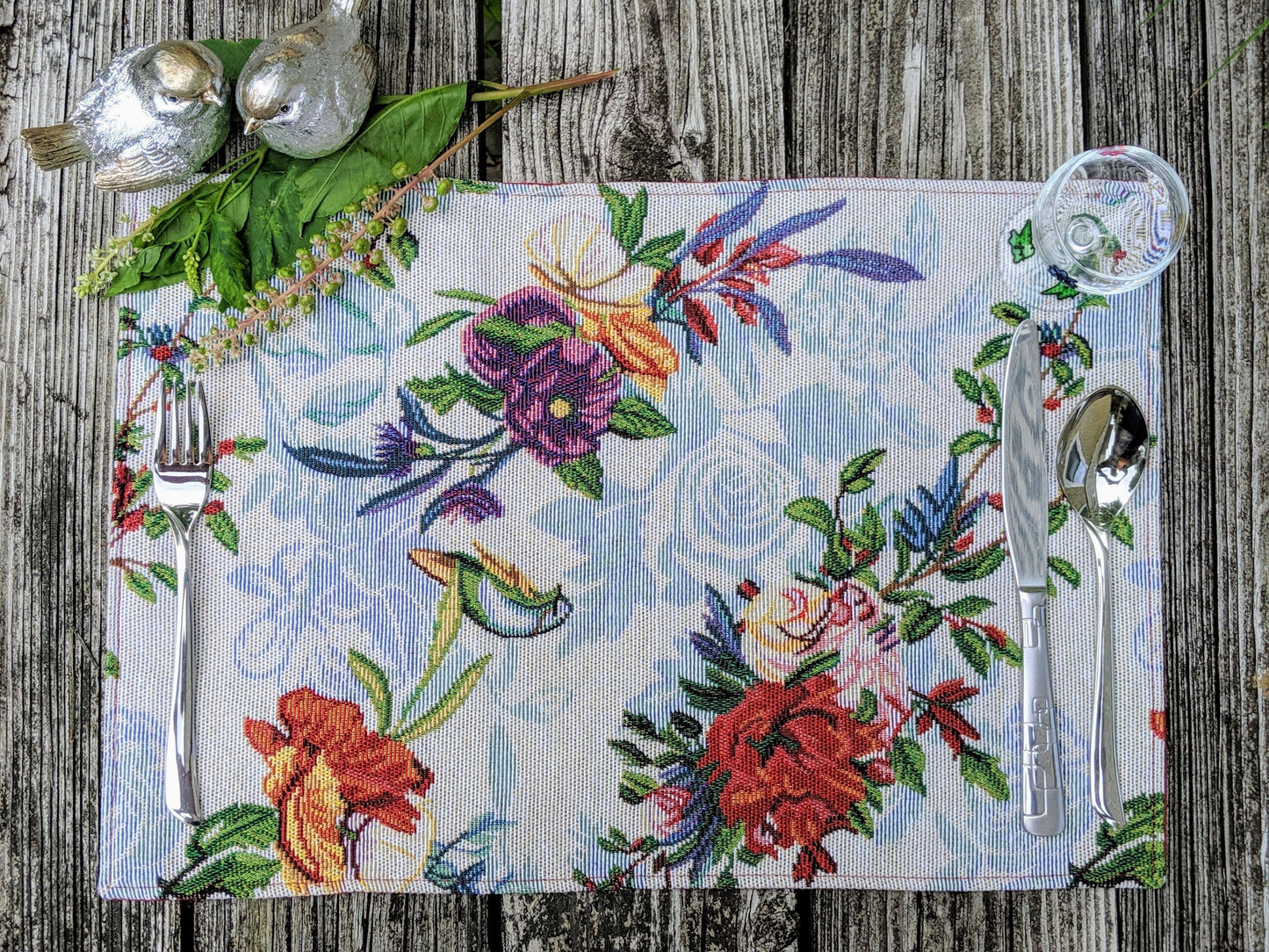 DaDa Bedding Set of 4-Pieces Tropical Sky Blue Birds Floral Tapestry Dining Table Placemats 13” x 19” (18116)-1