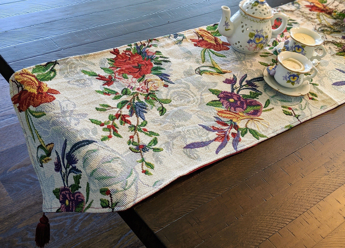 DaDa Bedding Floral Roses Tropical Paradise Birds Woven Tapestry Dining Table Runner (18116)-0