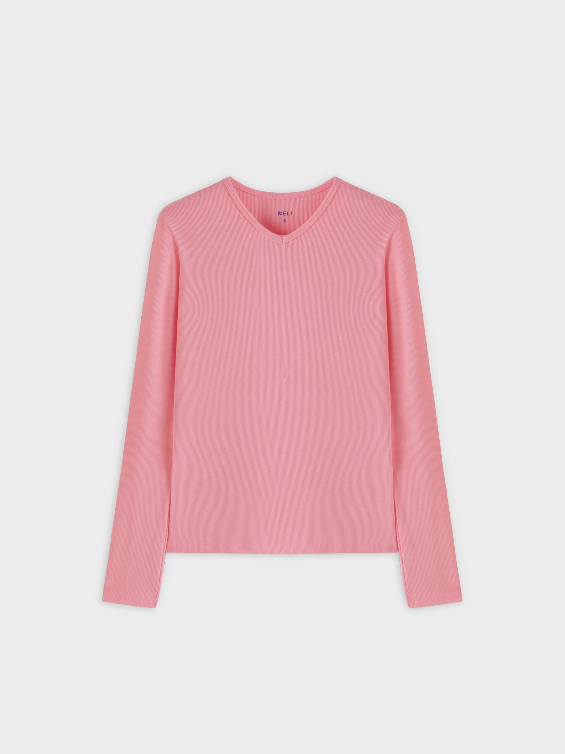 High V Ribbed Tee LS-True Pink-0