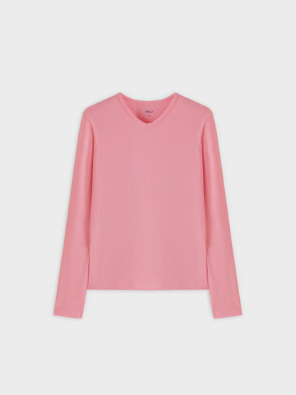 High V Ribbed Tee LS-True Pink-0