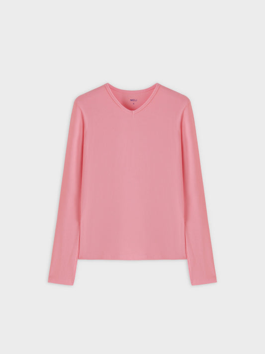 High V Ribbed Tee LS-True Pink-0