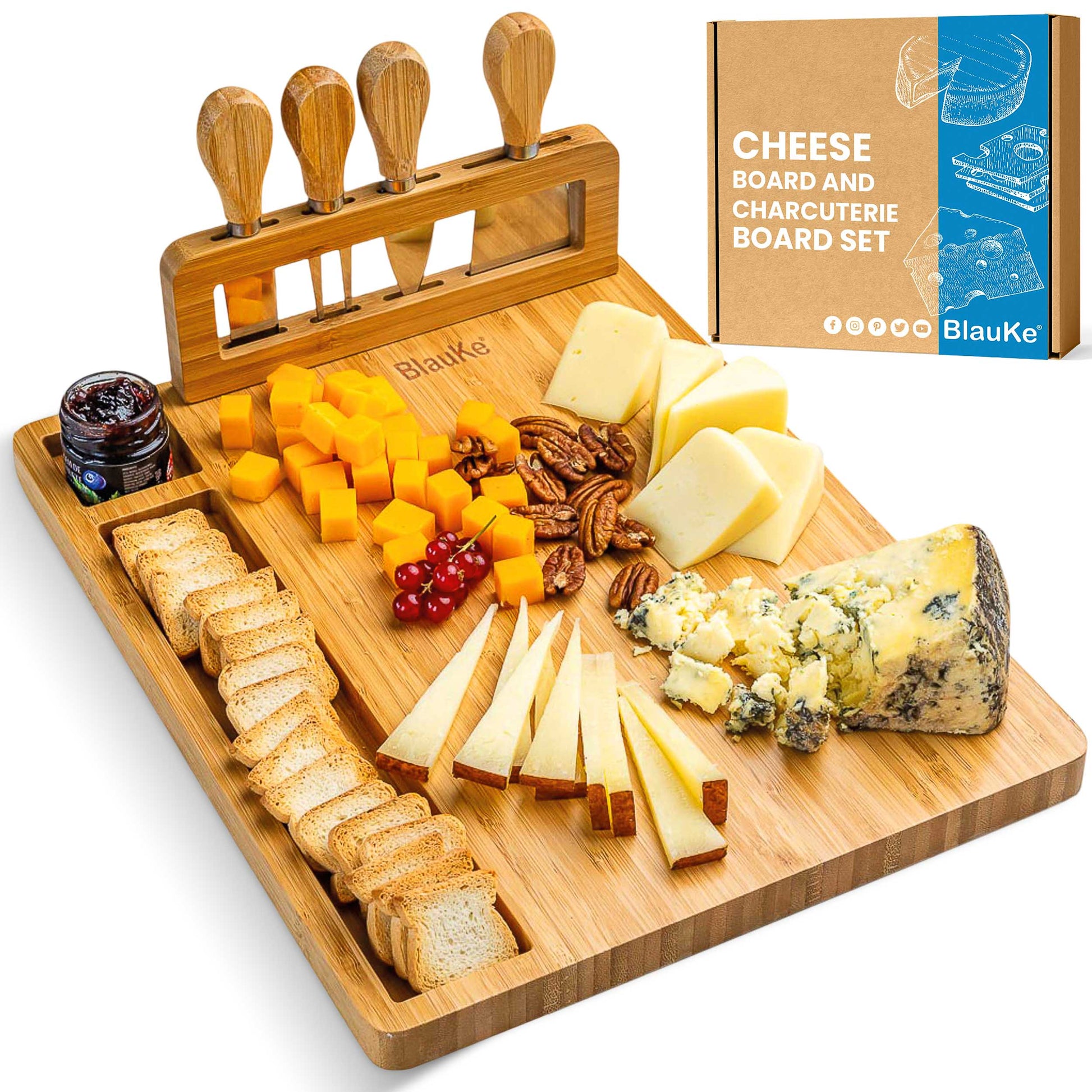 Bamboo Cheese Board and Knife Set - 14x11 inch Charcuterie Board with 4 Cheese Knives - Wood Serving Tray-0