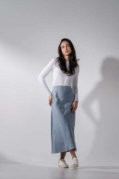 Classic Denim Skirt 35"-Light Blue-0