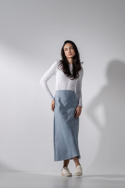 Classic Denim Skirt 35"-Light Blue-0