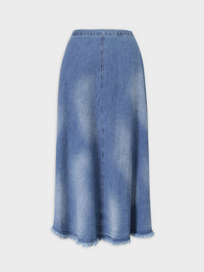 Washed Fringe Denim Skirt-Denim Blue-1