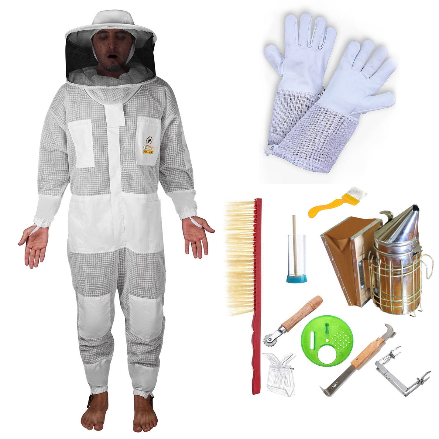 Beekeeping Starter Kit For Beekeepers With OZ Bee Premium 3 Layer Mesh Ventilated Round Head Suit Protective Gear-0