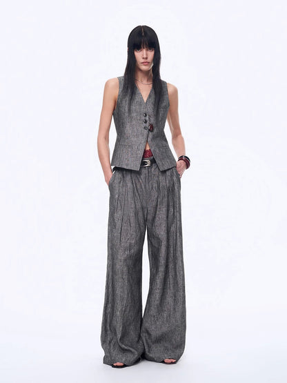Fireladyfur Women's Linen Suit Set: Draped Vest & High-Waist Straight Trousers"Old Money Space"-0