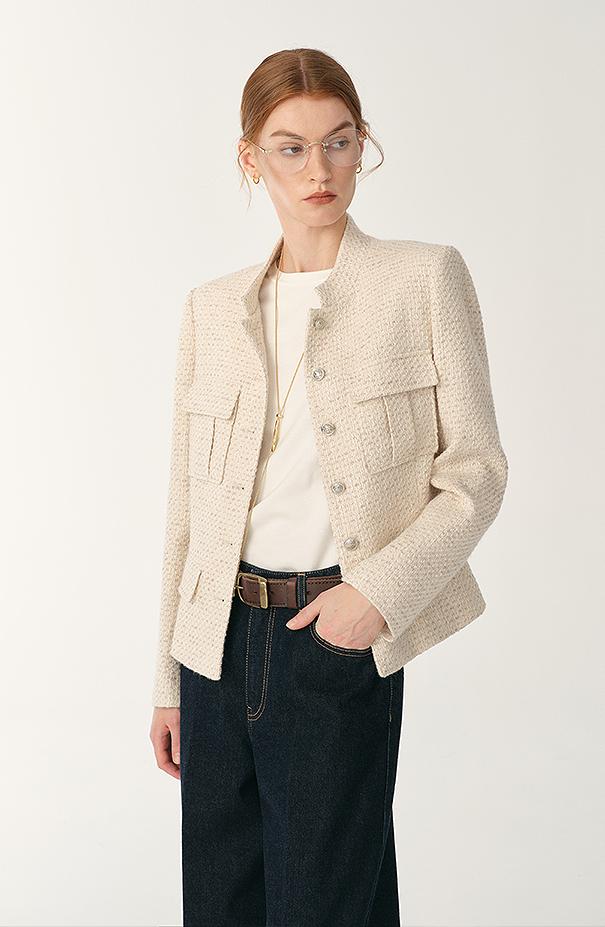 Heavy wool blend tweed stand collar waist cropped coat-0
