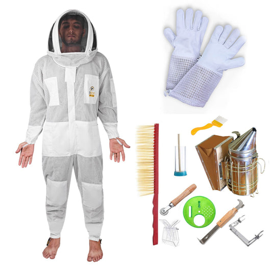Beekeeping Starter Kit For Beekeepers With OZ Bee Premium 3 Layer Mesh Ventilated Hoodie Style Suit Protective Gear-0