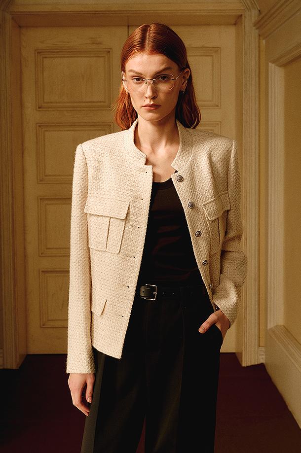 Heavy wool blend tweed stand collar waist cropped coat-1