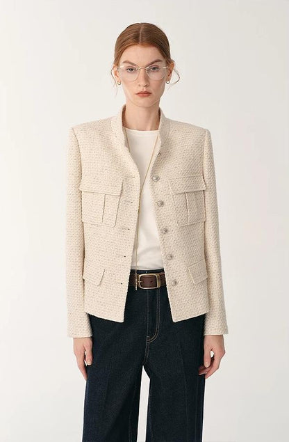 Heavy wool blend tweed stand collar waist cropped coat-2