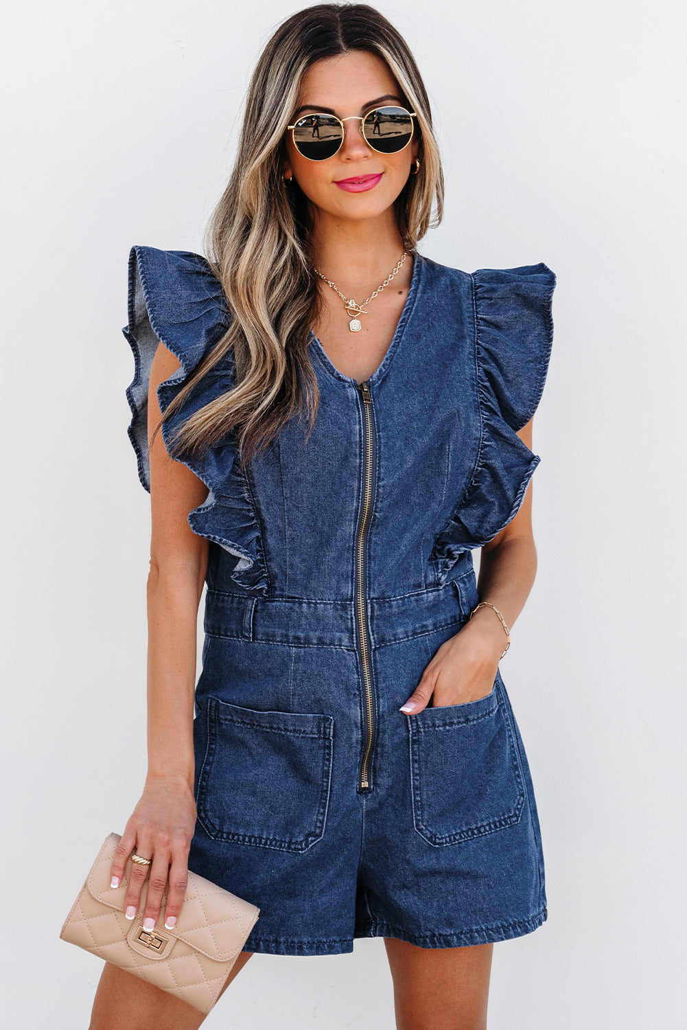 Amora Denim Ruffled Zipped Front Belted Romper-0
