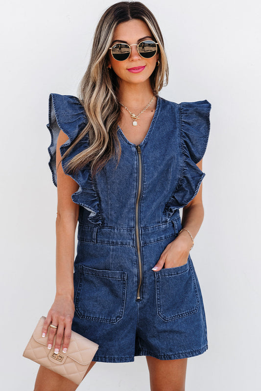 Amora Denim Ruffled Zipped Front Belted Romper-0