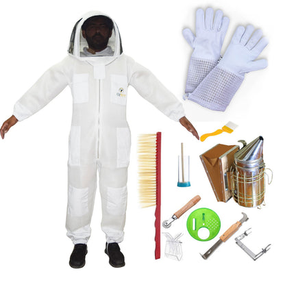 Beekeeping Starter Kit For Beekeepers With OZ Bee 2 Layer Mesh Ventilated Hoodie Viel Suit Protective Gear-0