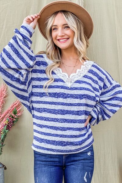 And The Why Striped Lace Detail V Neck Top-0