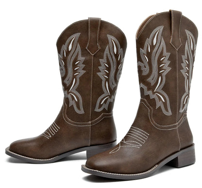 DADAWEN Womens Cowboy Boots Mid Calf Cowgirl Boots Embroidered Square Toe Pull On Western Boots Dark Brown US Size 7