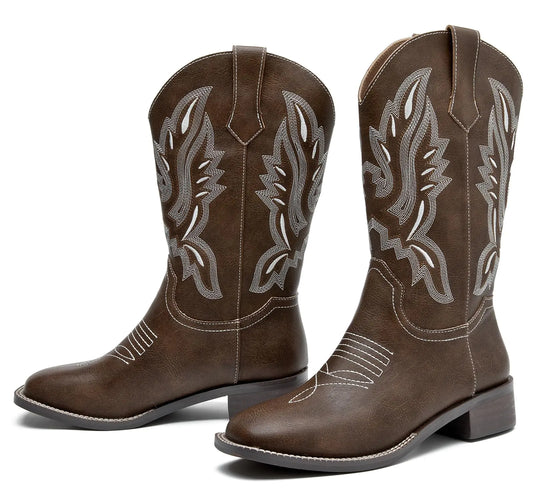 DADAWEN Womens Cowboy Boots Mid Calf Cowgirl Boots Embroidered Square Toe Pull On Western Boots Dark Brown US Size 7