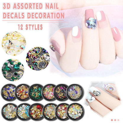 3D Assorted Nail Decals Decoration Nail Art Rhinestones Mix Gem Designs Tips Diy-0