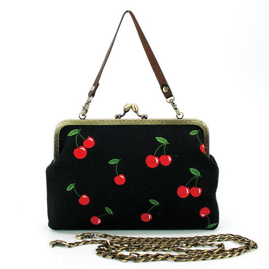 Cherry Kisslock Handbag in Linen + Cotton blend fabric: BLACK-0