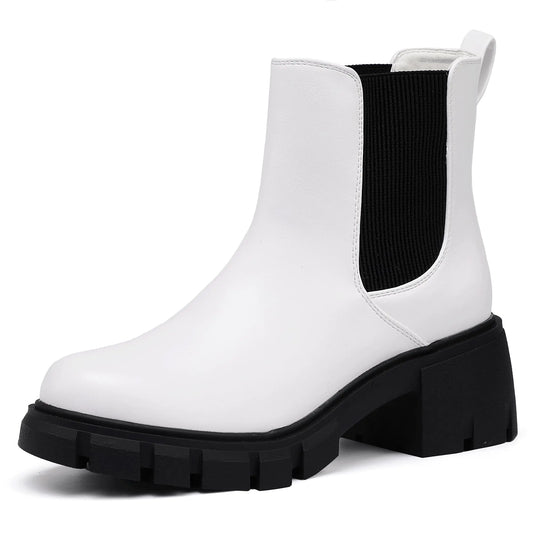 IDIFU White Boots for Women Ankle Boots Chelsea Boots Platform Low Heel Short Chunky Lug Sole Block Round Toe Boots Fall Dress Comfortable Fashion Booties for Women Elastic Heeled Boots(White 9)