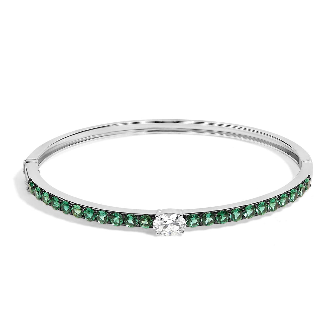 .925 Sterling Silver Created Sapphire and Emerald Semi Eternity Bangle Bracelet - 7" Inches-0