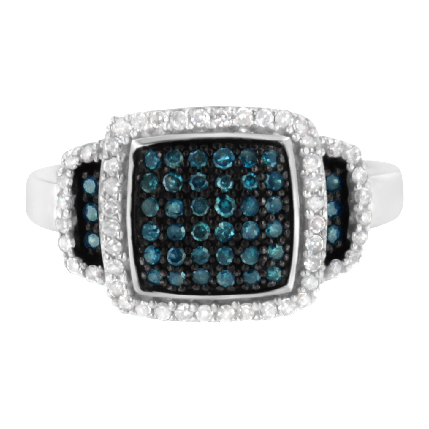 Black Rhodium Plated .925 Sterling Silver 1/2 Cttw White & Blue Diamond Square Halo Cocktail Ring (Fancy Blue & H-I Color, I2-I3 Clarity)-0