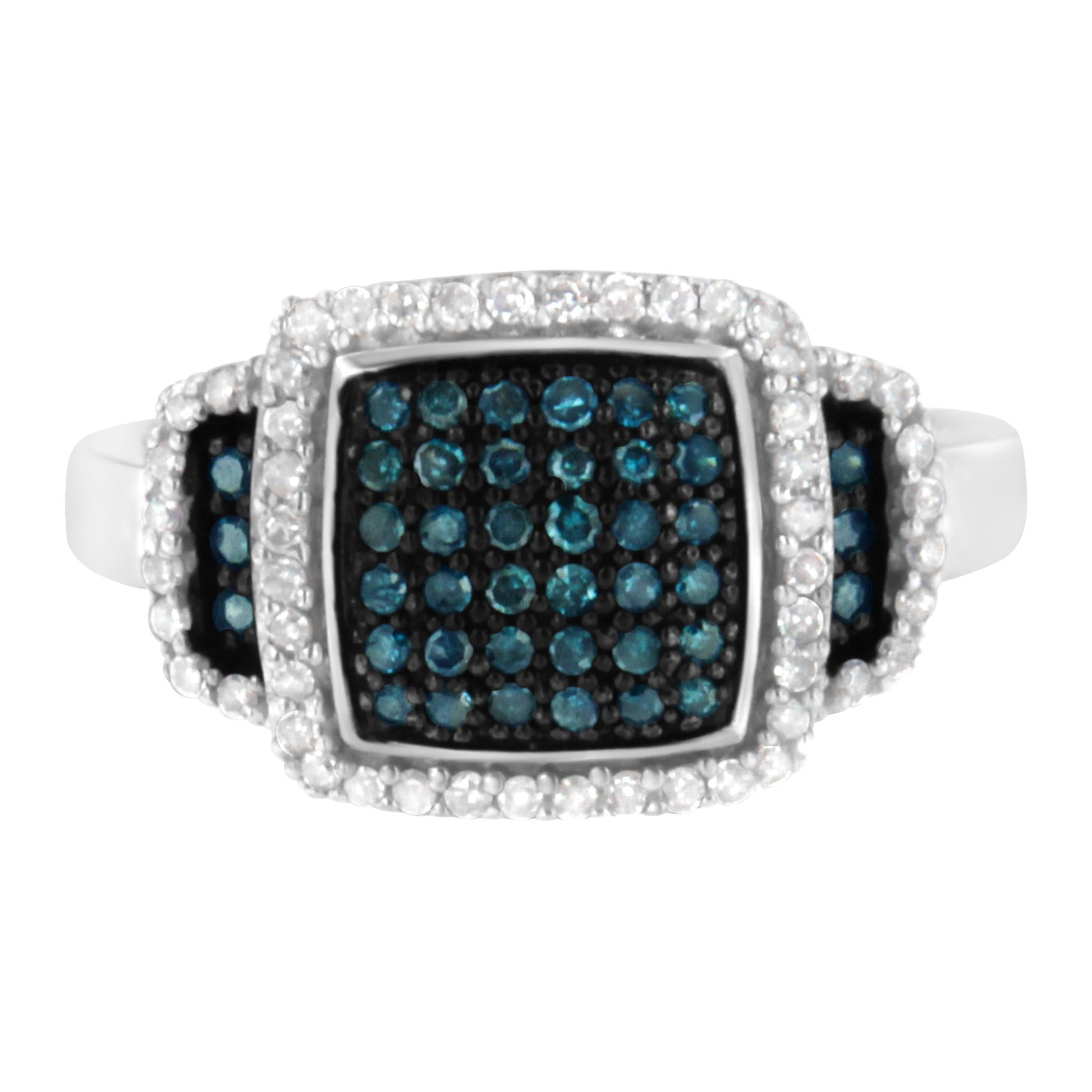 Black Rhodium Plated .925 Sterling Silver 1/2 Cttw White & Blue Diamond Square Halo Cocktail Ring (Fancy Blue & H-I Color, I2-I3 Clarity)-0