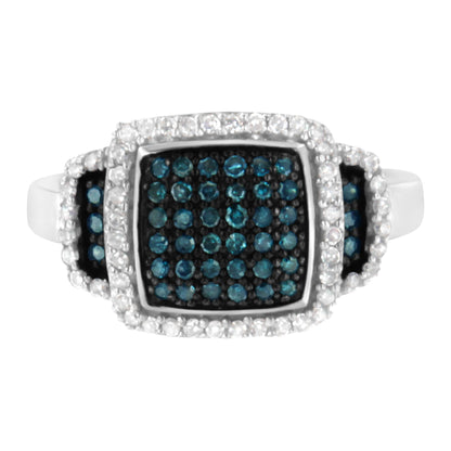 Black Rhodium Plated .925 Sterling Silver 1/2 Cttw White & Blue Diamond Square Halo Cocktail Ring (Fancy Blue & H-I Color, I2-I3 Clarity)-0