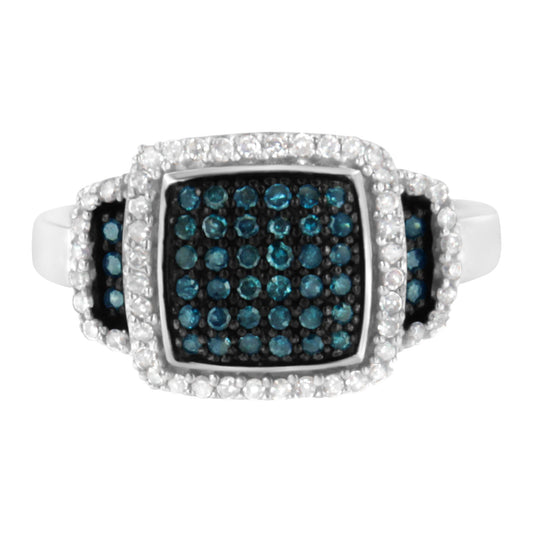 Black Rhodium Plated .925 Sterling Silver 1/2 Cttw White & Blue Diamond Square Halo Cocktail Ring (Fancy Blue & H-I Color, I2-I3 Clarity)-0