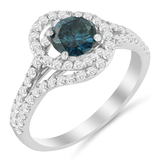 14K White Gold 1-1/3 Cttw White & Blue Diamond Interweaving Double Halo Cocktail Statement Ring (G-H and Fancy Blue Color, SI2-I1 Clarity)-0