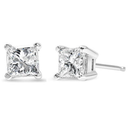 AGS Certified Princess Cut Diamond 14K Gold 4-Prong Solitaire Square Stud Earrings (L-M Color, I1-I2 Clarity)-0