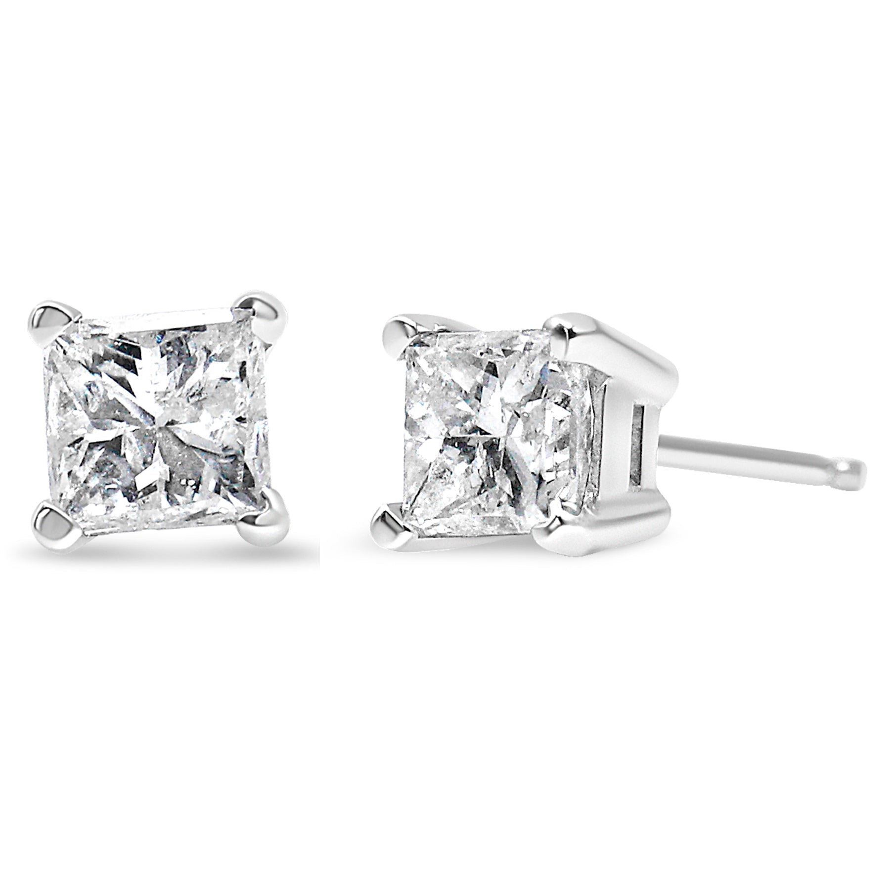 AGS Certified 14k White Gold 1.0 Cttw 4-Prong Set Princess-Cut Solitaire Diamond Push Back Stud Earrings for Women (E-F Color, I1-I2 Clarity)-0