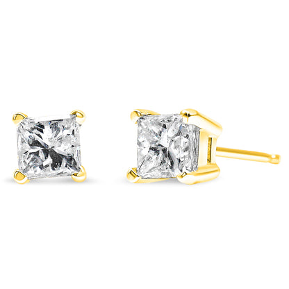 AGS Certified Princess Cut Diamond 14K Gold 4-Prong Solitaire Square Stud Earrings (L-M Color, I1-I2 Clarity)-2