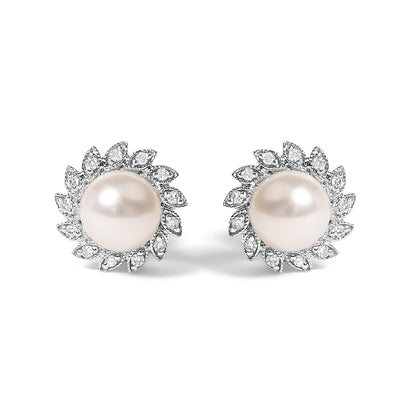 10K White Gold Heirloom-Style Pearl and Diamond Accent Halo Stud Earrings (I-J color, I1-I2 Clarity)-0