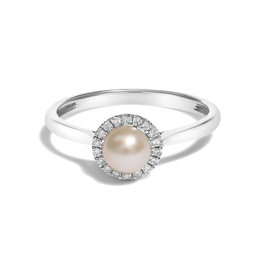 10K White Gold 5MM Cultured Freshwater Pearl  and Diamond Halo Ring (I-J Color, I1-I2 Clarity)-0