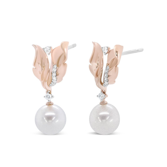 14K Rose Gold 1/6 Cttw Round Diamond and 8mm Round Pearl Floral Drop Stud Earrings (H-I Color, I1-I2 Clarity)-0