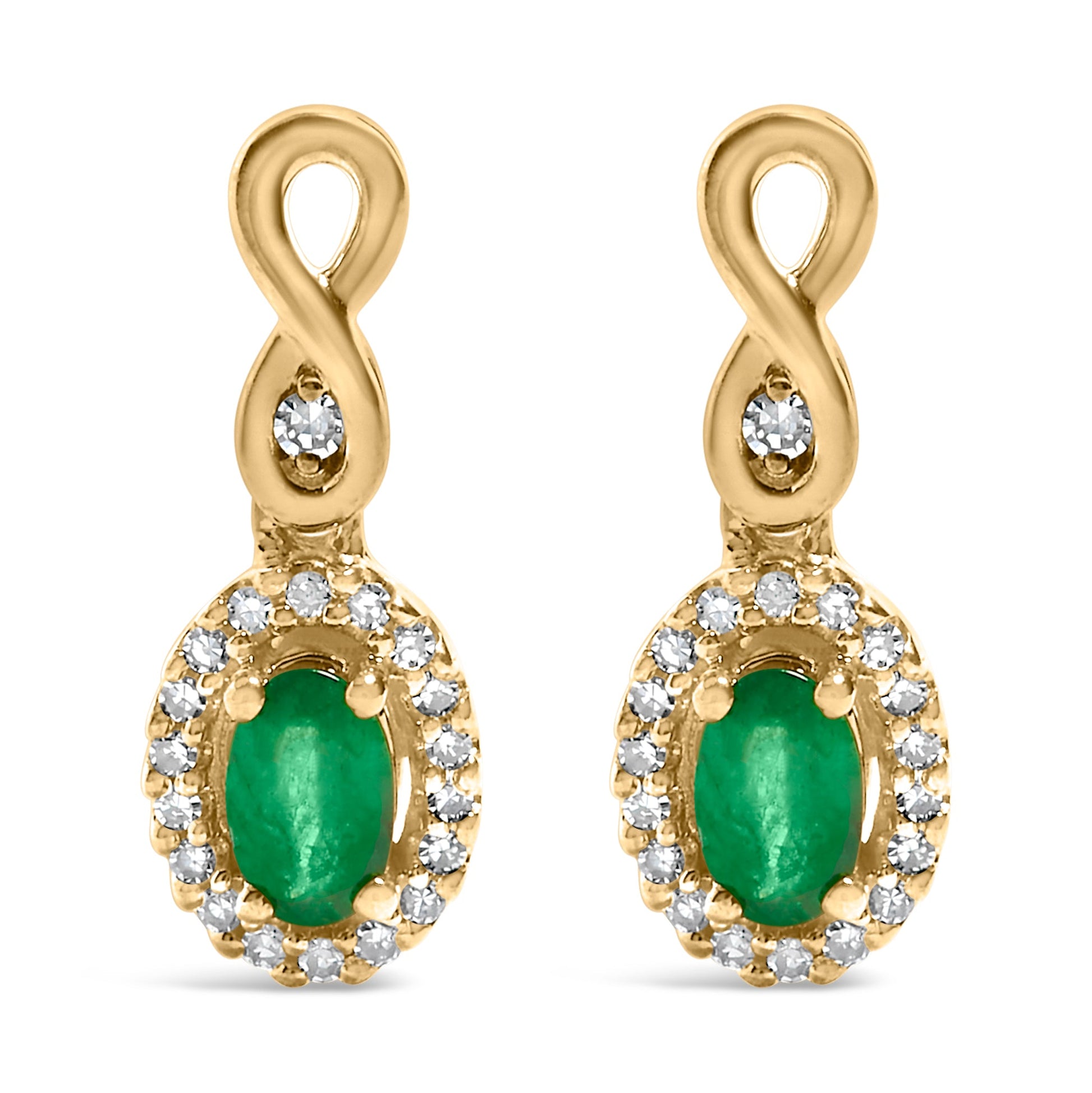 10K Yellow Gold Oval Cut Green Emerald 5x3 mm and 1/7 Cttw Round Diamond Dangle Earrings-0