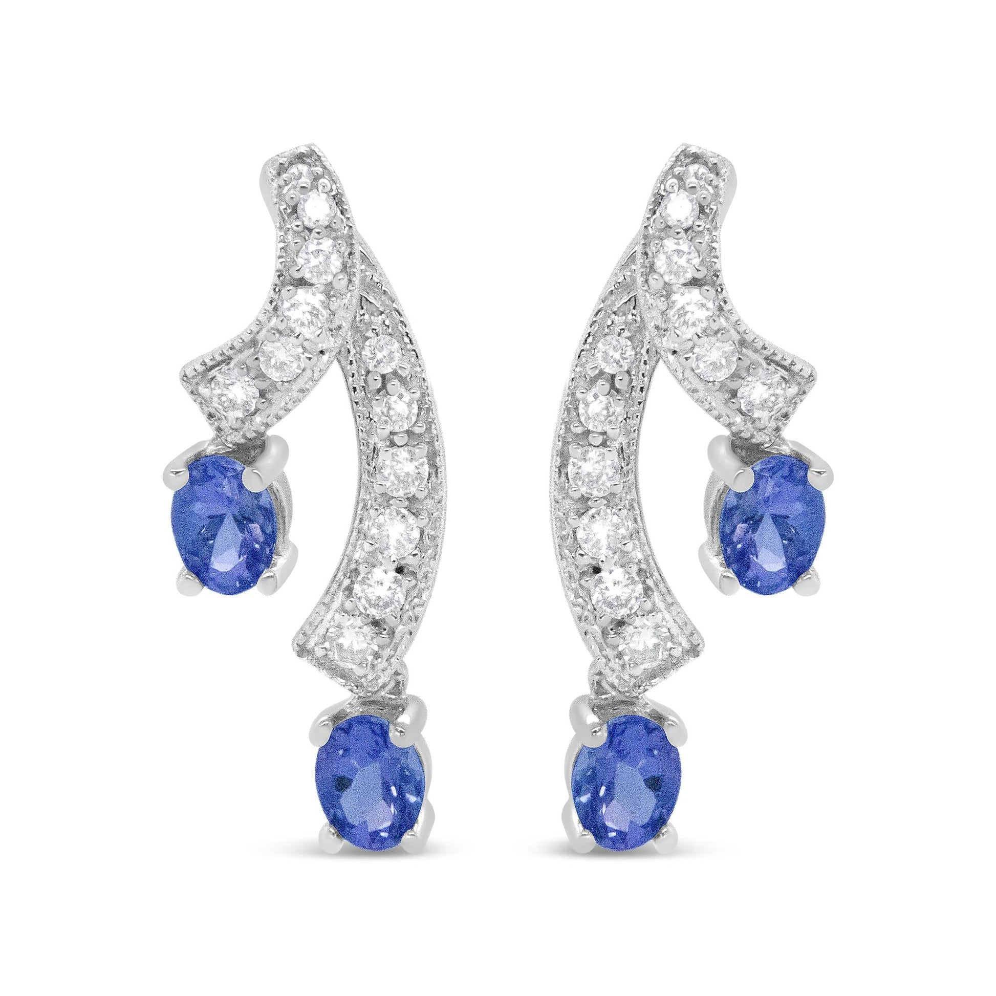 14K White Gold 4x3MM Oval Shaped Natural Blue Tanzanite Gemstone and 1/5 Cttw Diamond Double 3/4" Inch Drop Stud Earrings (H-I Color, VS1-VS2 Clarity)-0