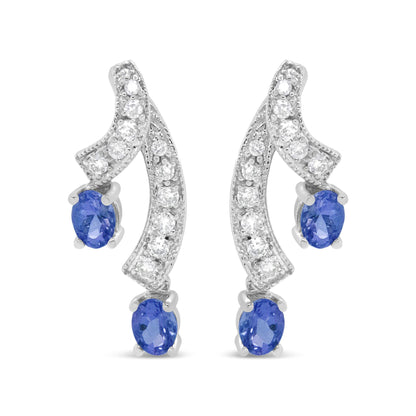 14K White Gold 4x3MM Oval Shaped Natural Blue Tanzanite Gemstone and 1/5 Cttw Diamond Double 3/4" Inch Drop Stud Earrings (H-I Color, VS1-VS2 Clarity)-0