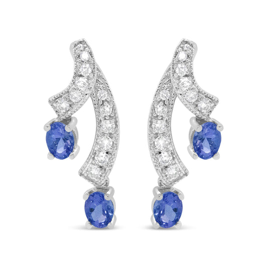 14K White Gold 4x3MM Oval Shaped Natural Blue Tanzanite Gemstone and 1/5 Cttw Diamond Double 3/4" Inch Drop Stud Earrings (H-I Color, VS1-VS2 Clarity)-0
