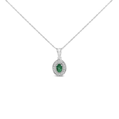 14K White Gold Oval 6x4 MM Green Emerald and Diamond Halo Pendant Necklace - 18 inch-0