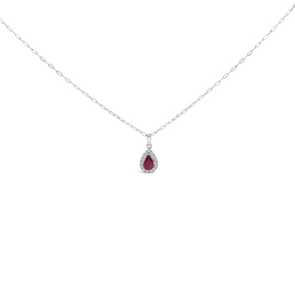 14K White Gold 6x4 Pear Red Ruby and Diamond Halo Pendant Necklace - 18" Inches-0
