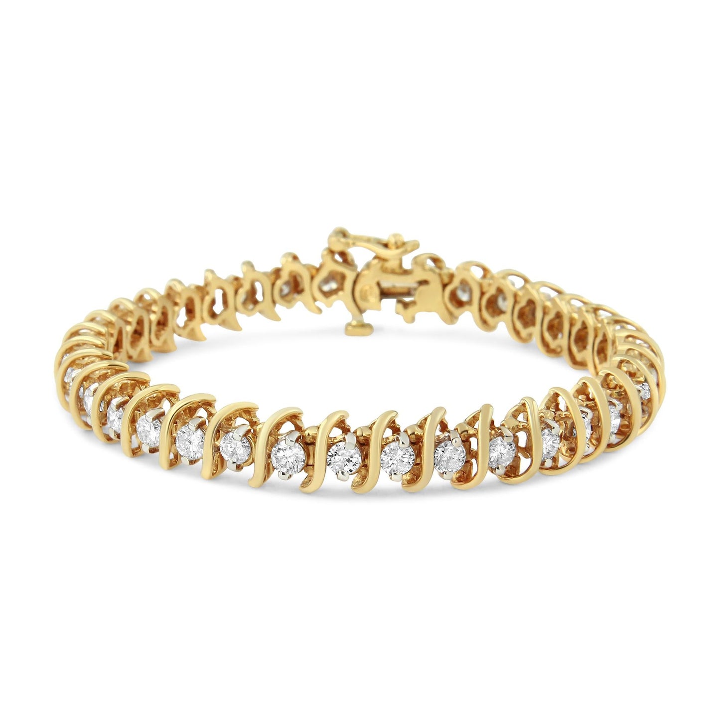 AGS Certified 18K Yellow Gold 5.00 Cttw "S" Link Wrapped 2-Prong Set Round Brilliant Diamond Tennis Bracelet (G-H Color, I1-I2 Clarity) - Size 7-0