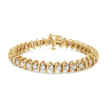 AGS Certified 18K Yellow Gold 5.00 Cttw "S" Link Wrapped 2-Prong Set Round Brilliant Diamond Tennis Bracelet (G-H Color, I1-I2 Clarity) - Size 7-0