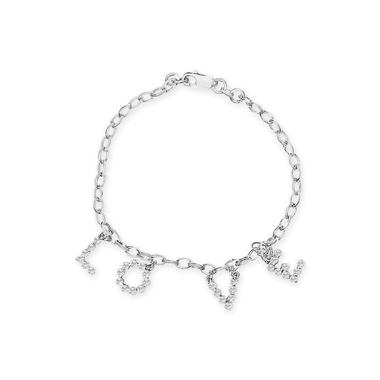 10k White Gold 1/6 Cttw Diamond "Love" Charm Cable Chain Bracelet (H-I Color, I1-I2 Clarity) - 7"-0