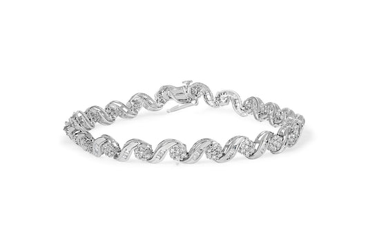 10K White Gold 2.00 Cttw Round-Cut and Baguette-Cut Diamond Floral Design Swirl Link 7" Bracelet (I-J Color, I1-I2 Clarity)-0