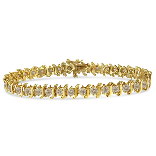 10K Yellow Gold Plated .925 Sterling Silver 7.0 cttw 2-Prong Set Round Brilliant Cut Diamond "S" Link Bracelet (J-K color, I1-I2 clarity) - 7"-0