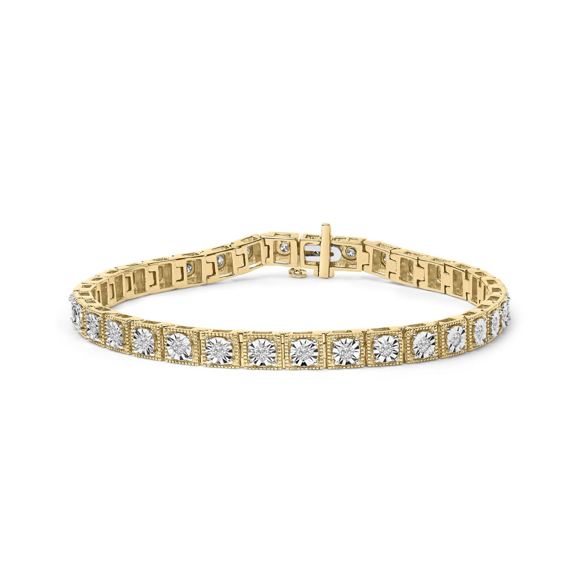 14K Yellow Gold Plated .925 Sterling Silver 1.0 Cttw Miracle Set Diamond Milgrain Link Tennis Bracelet (I-J Color, I2-I3 Clarity) - 7" Inches-0